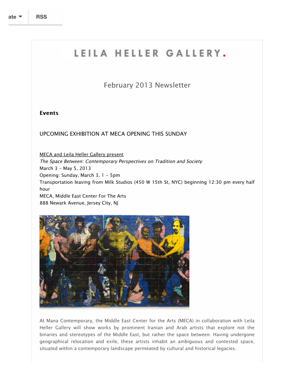Leila Heller Gallery in the News, MECA Opening Reminder