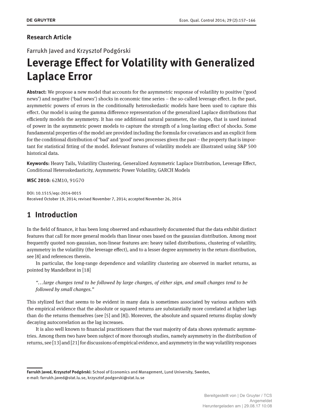 Leverage E Ect for Volatility with Generalized Laplace Error