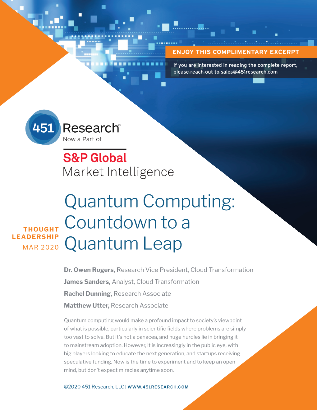 Quantum Computing: Countdown to a Quantum Leap ©COPYRIGHT 2020 451 RESEARCH