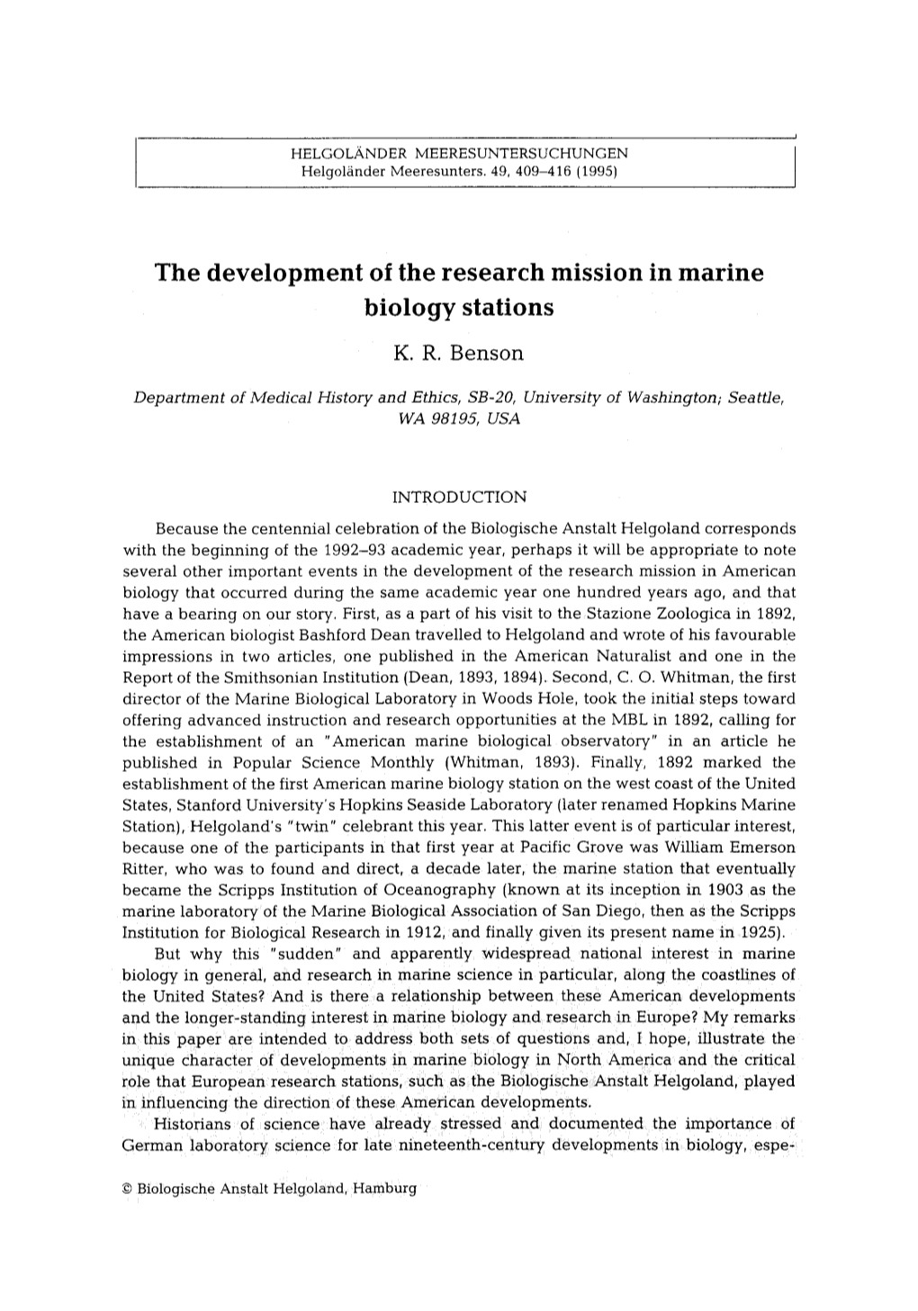 The Development of the Research Mission in Marine Biology Stations