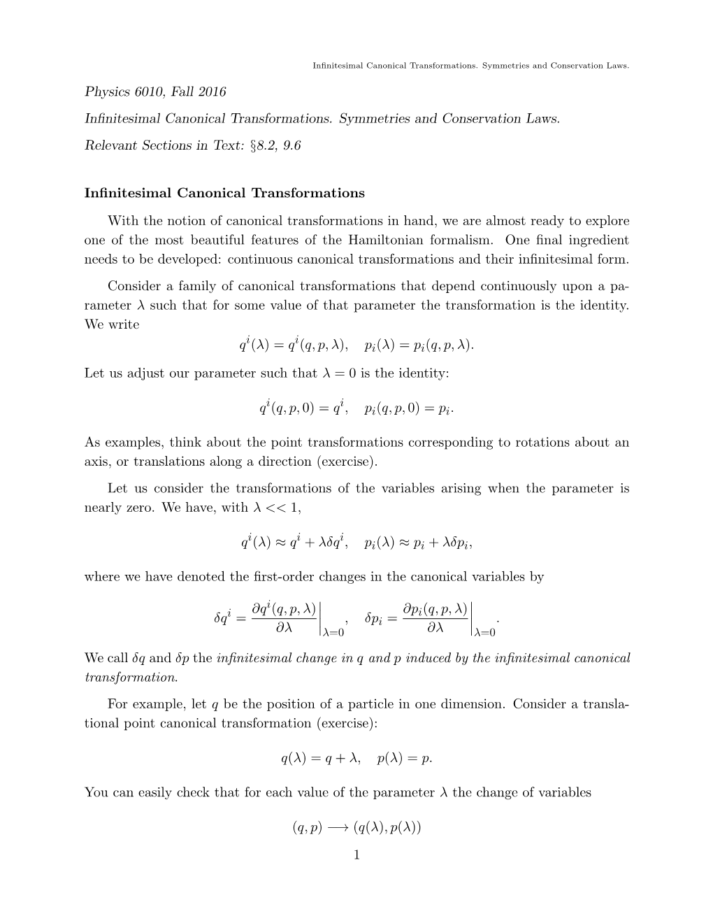 Infinitesimal Canonical Transformations. Symmetries And