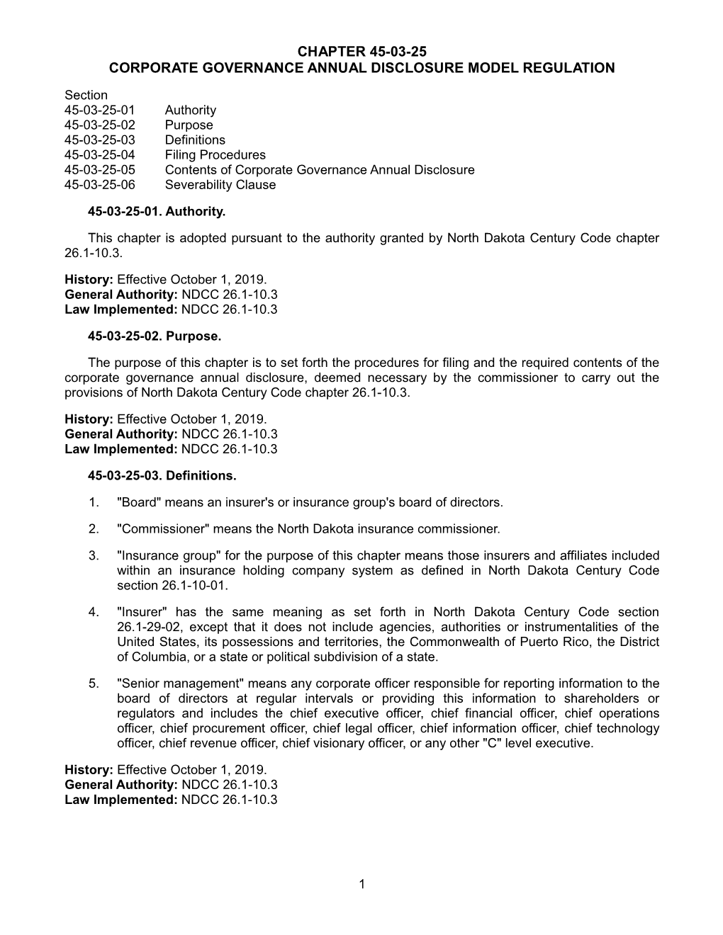 Chapter 45-03-25 Corporate Governance Annual Disclosure Model Regulation