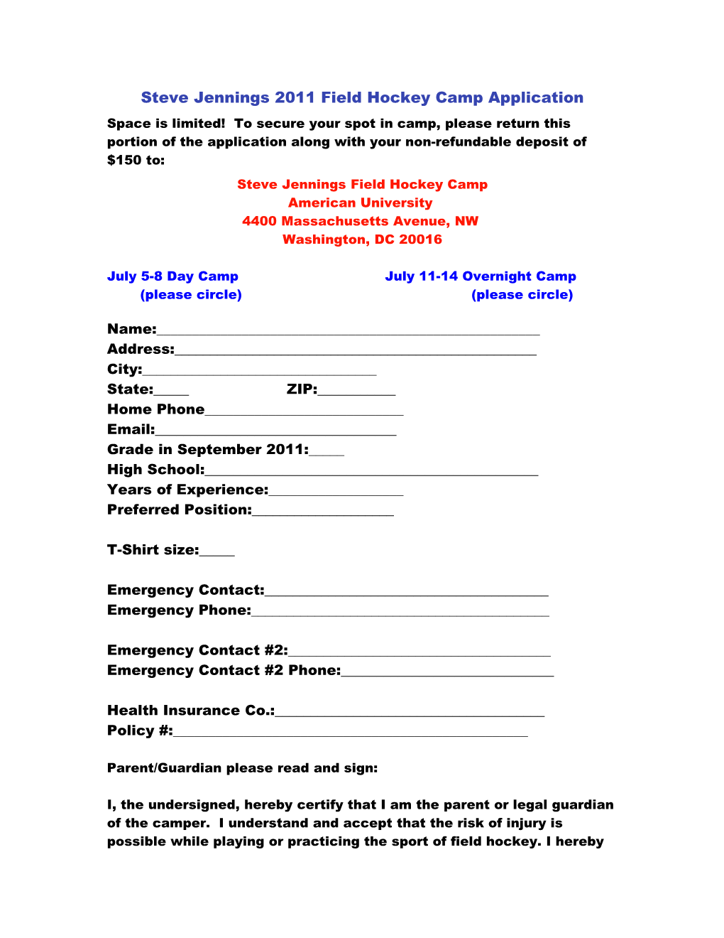 Steve Jennings Field Hockey Camp Application s1