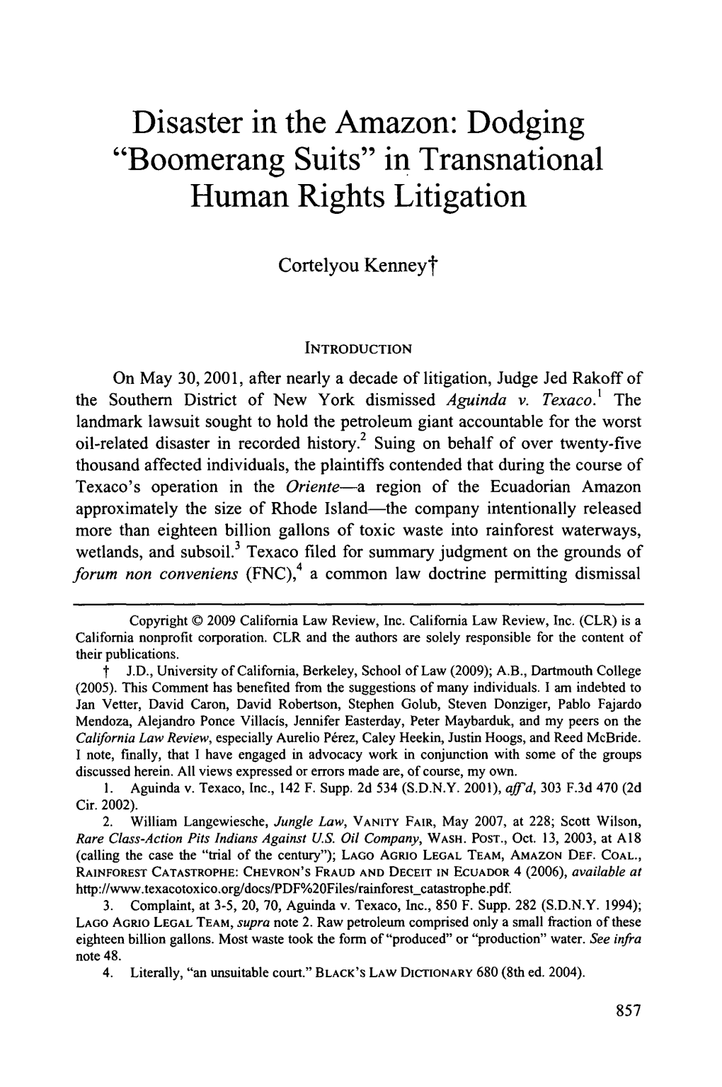 Disaster in the Amazon: Dodging "Boomerang Suits" in Transnational Human Rights Litigation