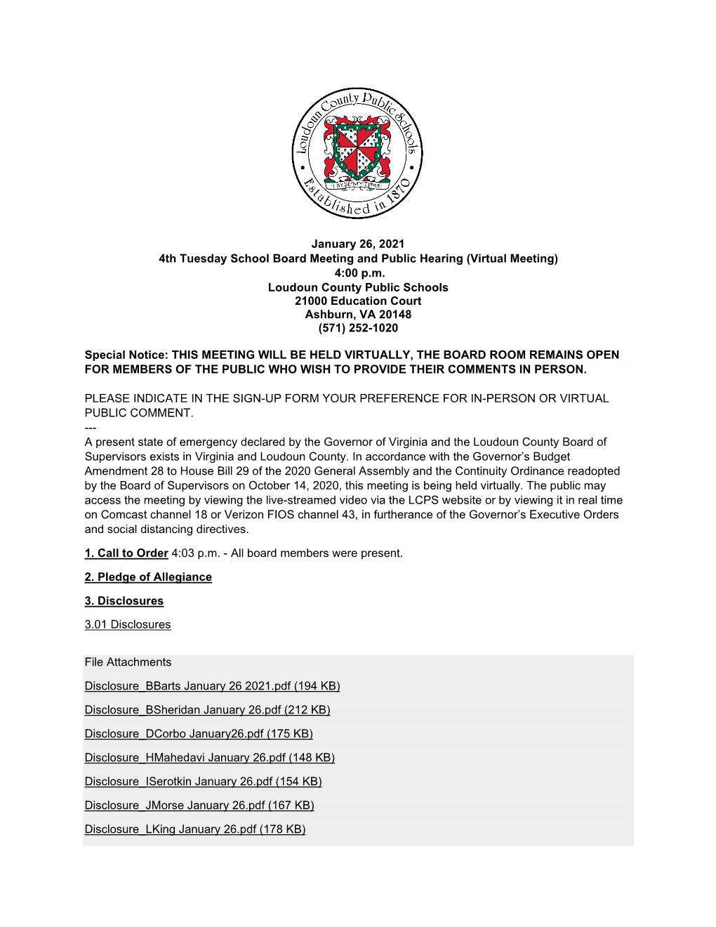 January 26, 2021 4Th Tuesday School Board Meeting and Public Hearing (Virtual Meeting) 4:00 P.M