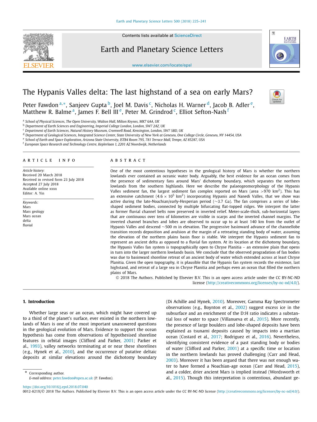 The Hypanis Valles Delta: the Last Highstand of a Sea on Early Mars? ∗ Peter Fawdon A, , Sanjeev Gupta B, Joel M