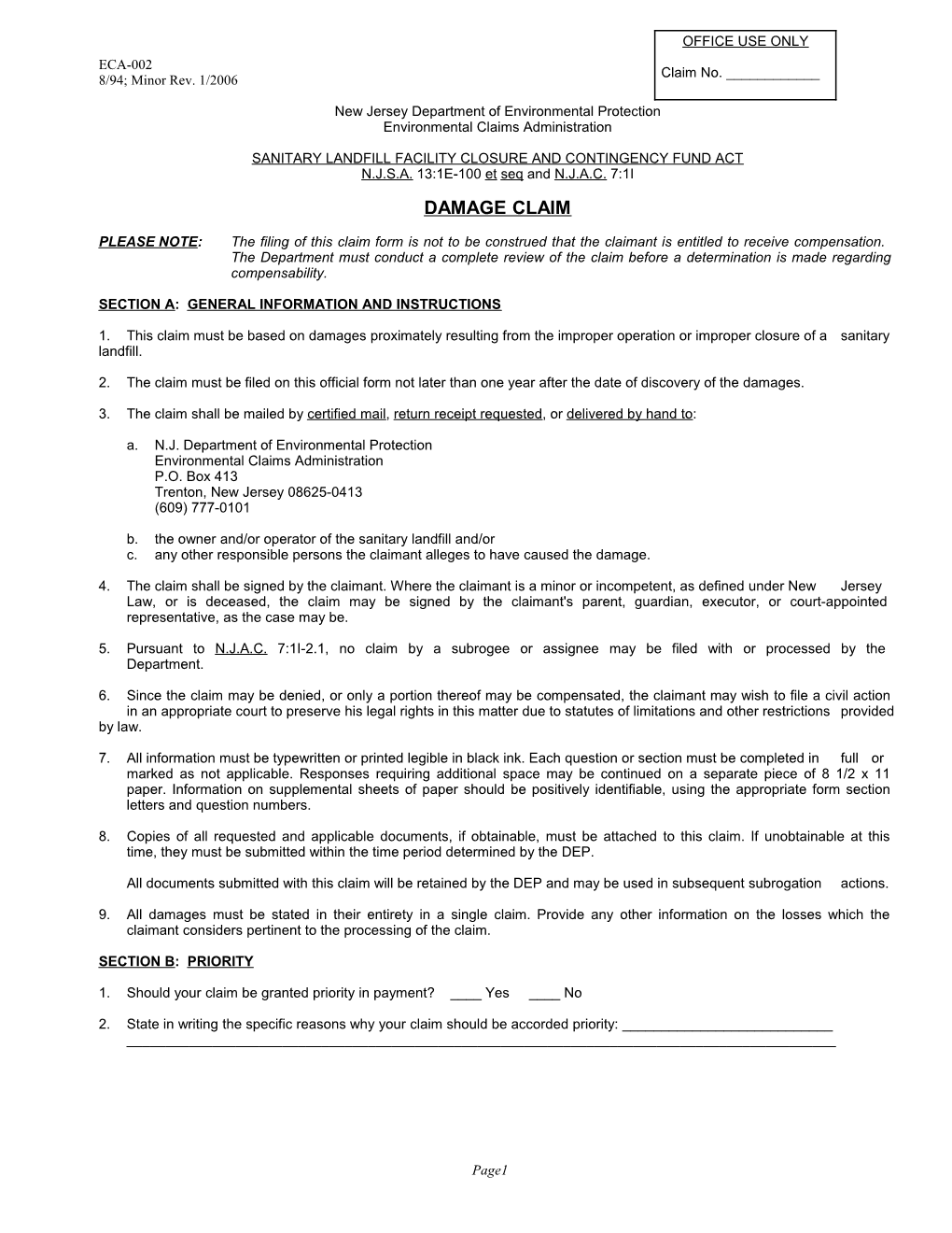 NJDEP Form ECA-002 (8/94; Minor Rev. 1/2006)