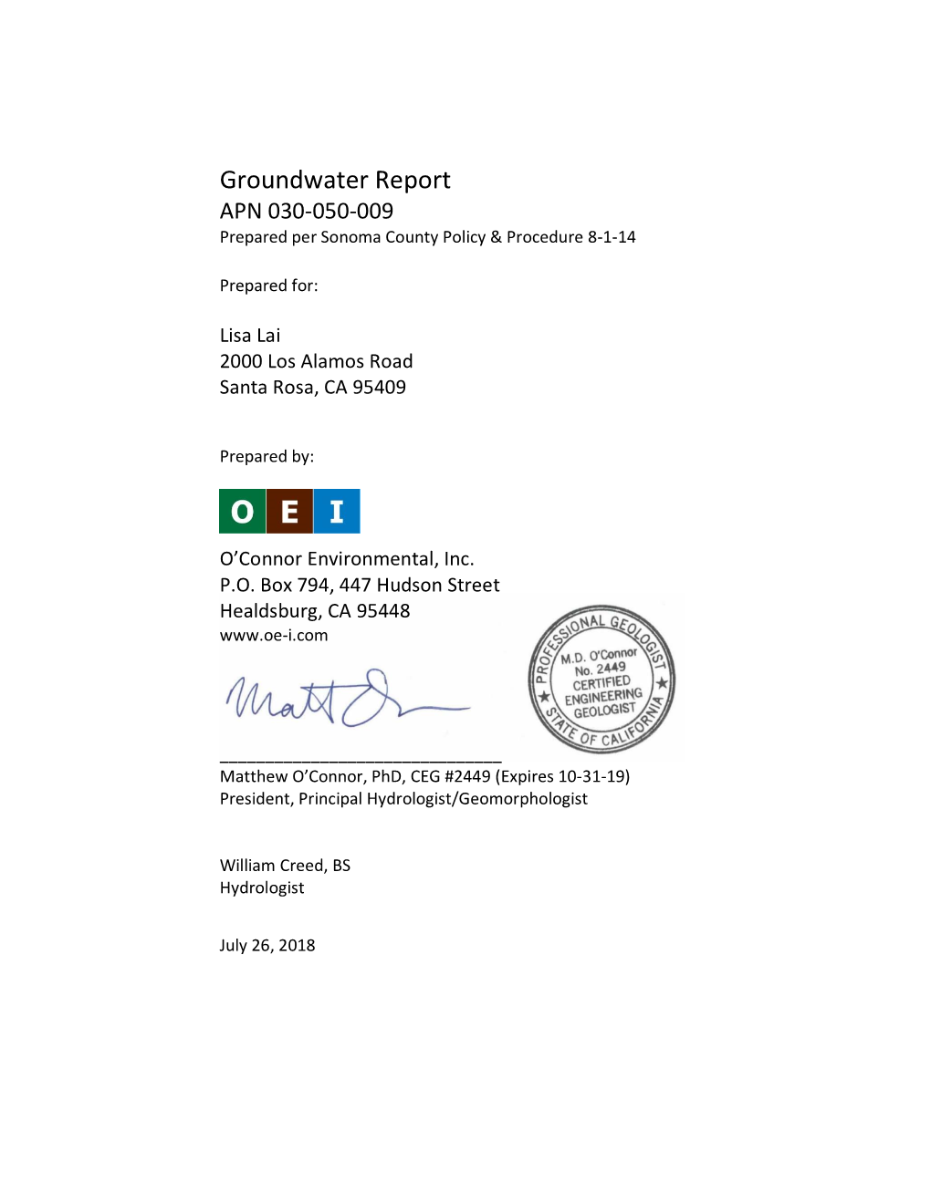 Groundwater Report APN 030-050-009 Prepared Per Sonoma County Policy & Procedure 8-1-14