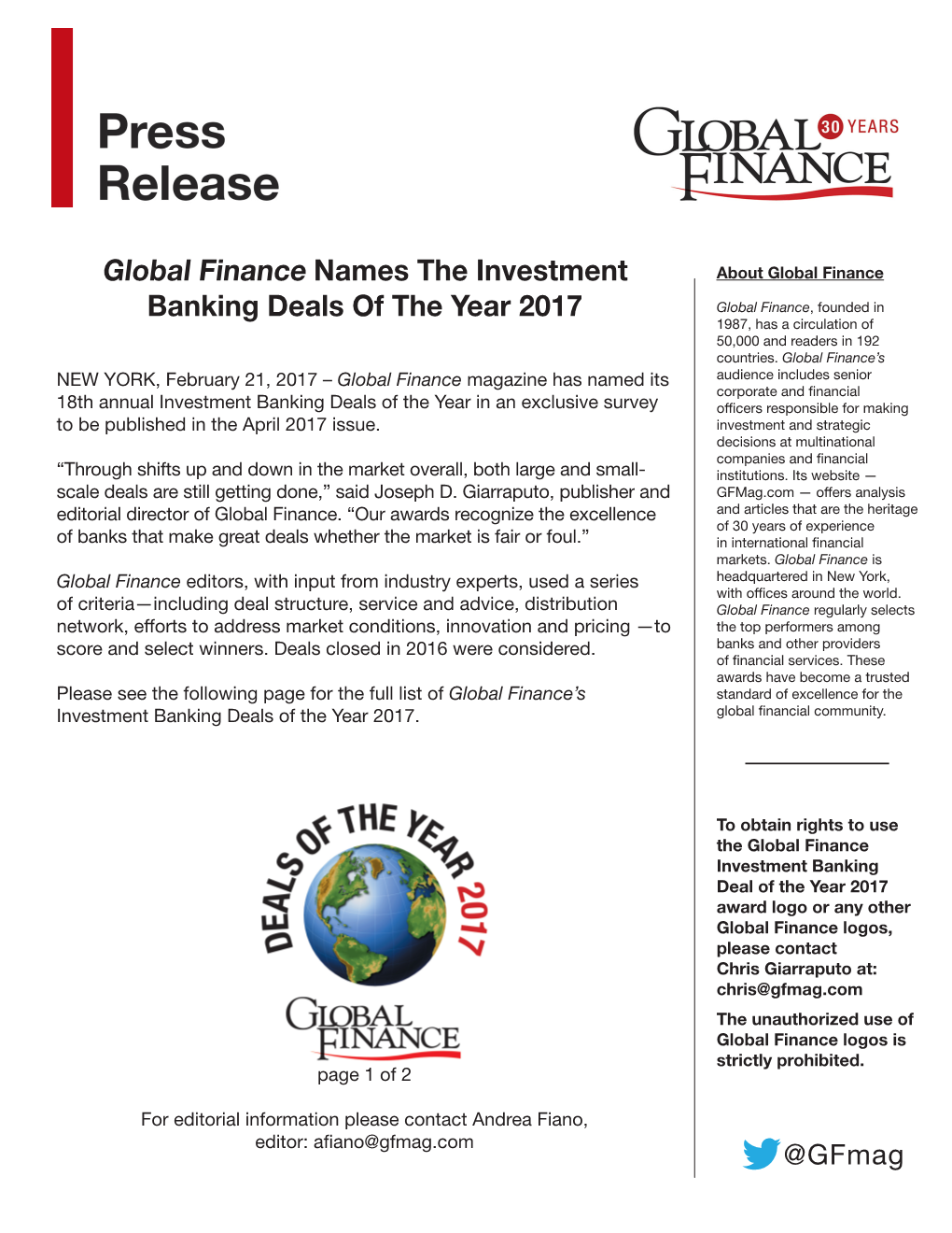 Global Finance Names the Investment Banking Deals of the Year 2017