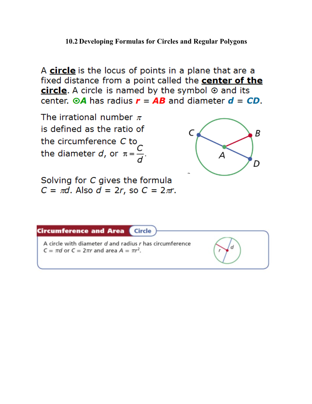 10.2 Developing Formulas for Circles and Regular Polygons