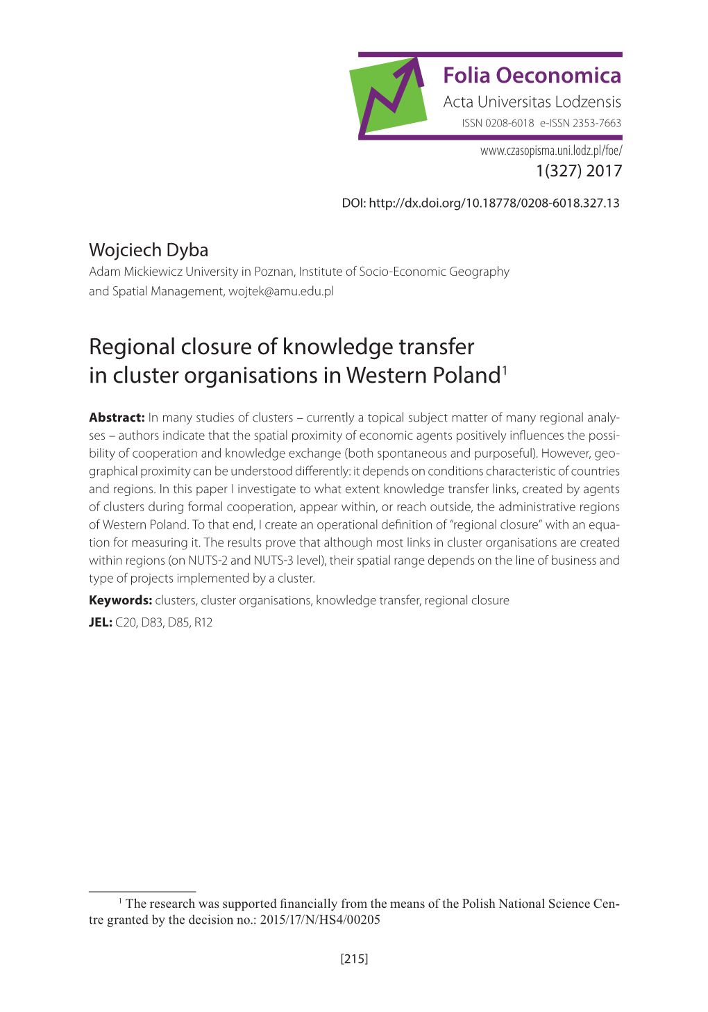 Regional Closure of Knowledge Transfer in Cluster Organisations in Western Poland1