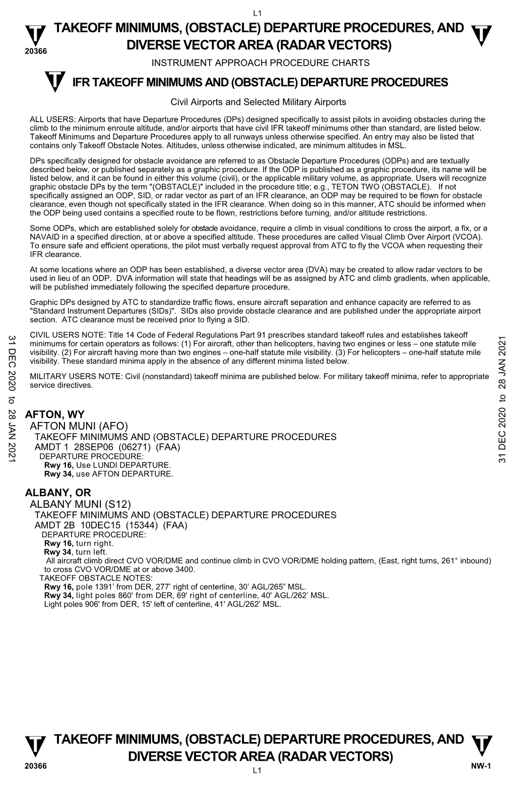 T T Takeoff Minimums, (Obstacle) Departure Procedures, and T Diverse Vector Area (Radar Vectors) 20366 Nw-1 L7