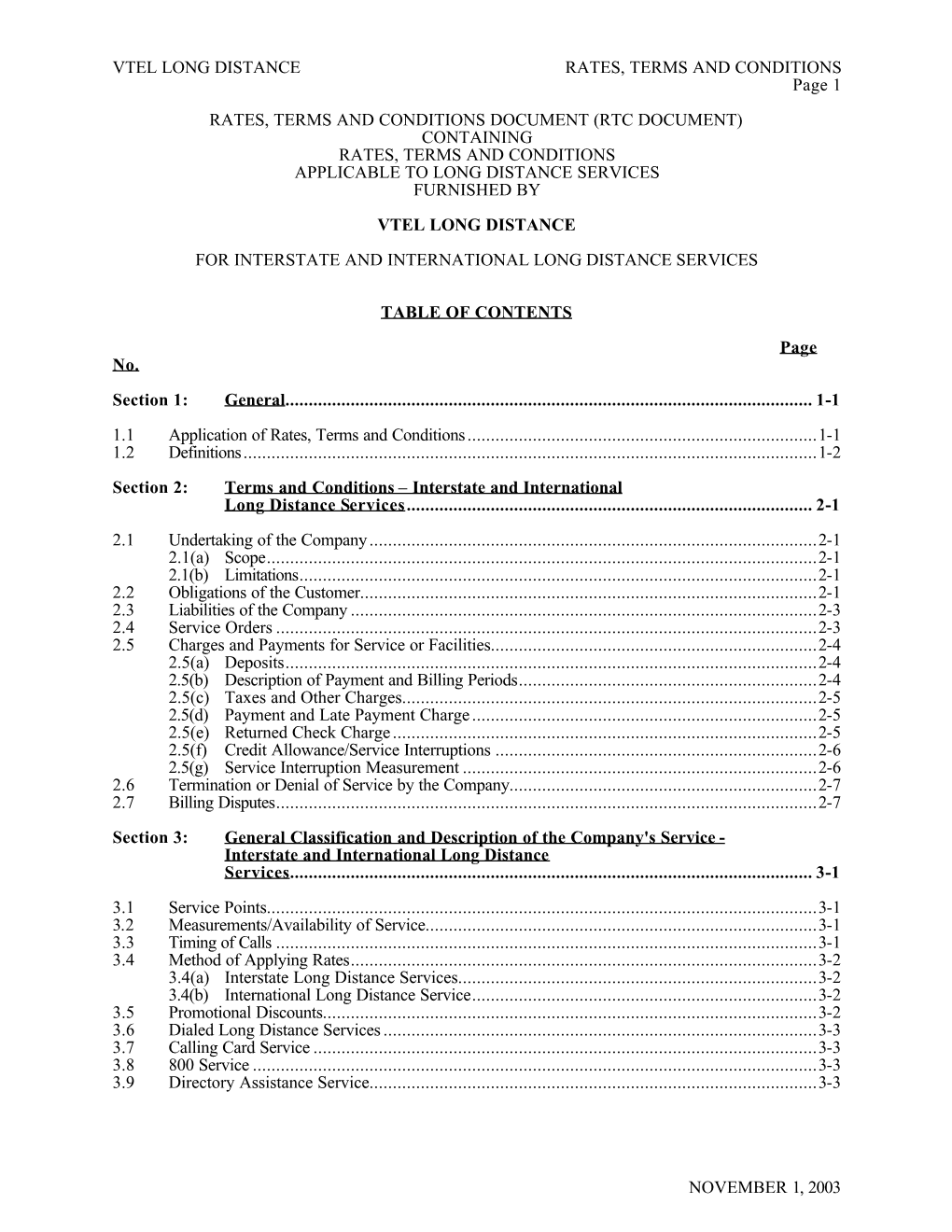 Long Distance Rates, Terms, and Conditions