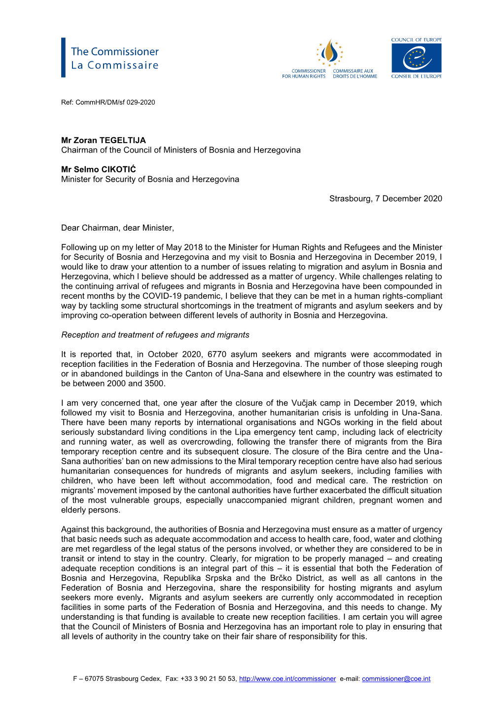 Commhr Letter to Bosnian Ministers
