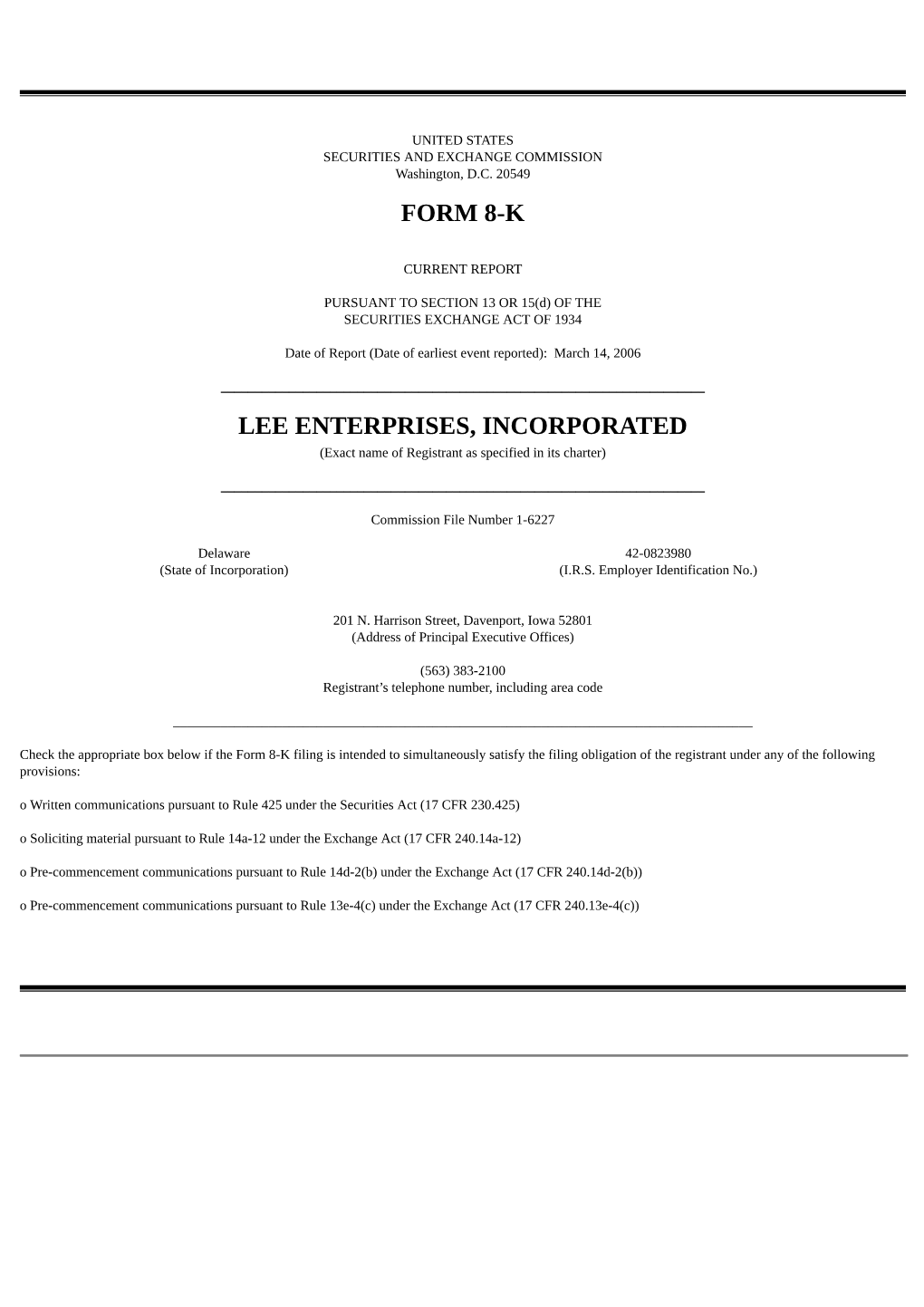 Form 8-K Lee Enterprises, Incorporated