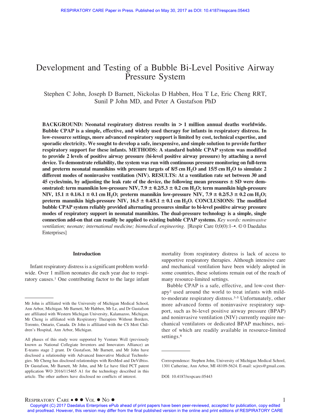 Development and Testing of a Bubble Bi-Level Positive Airway Pressure System