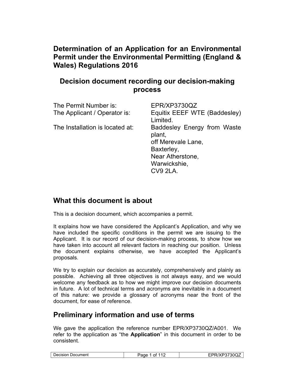 Determination of an Application for an Environmental Permit Under the Environmental Permitting (England & Wales) Regulations 2016