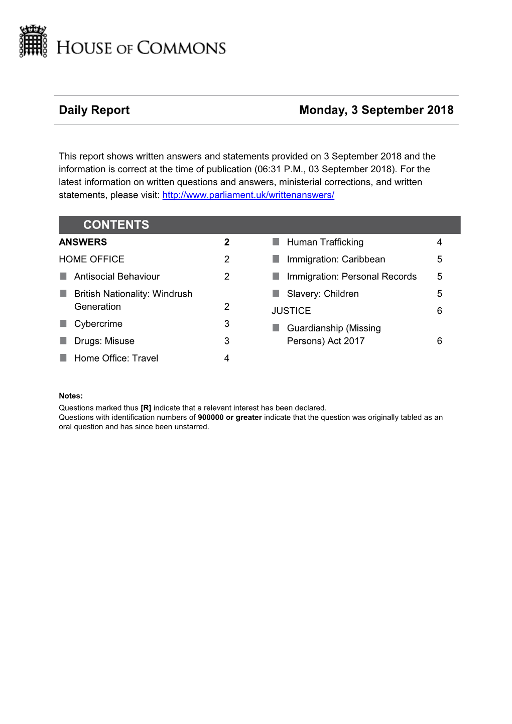 Daily Report Monday, 3 September 2018 CONTENTS