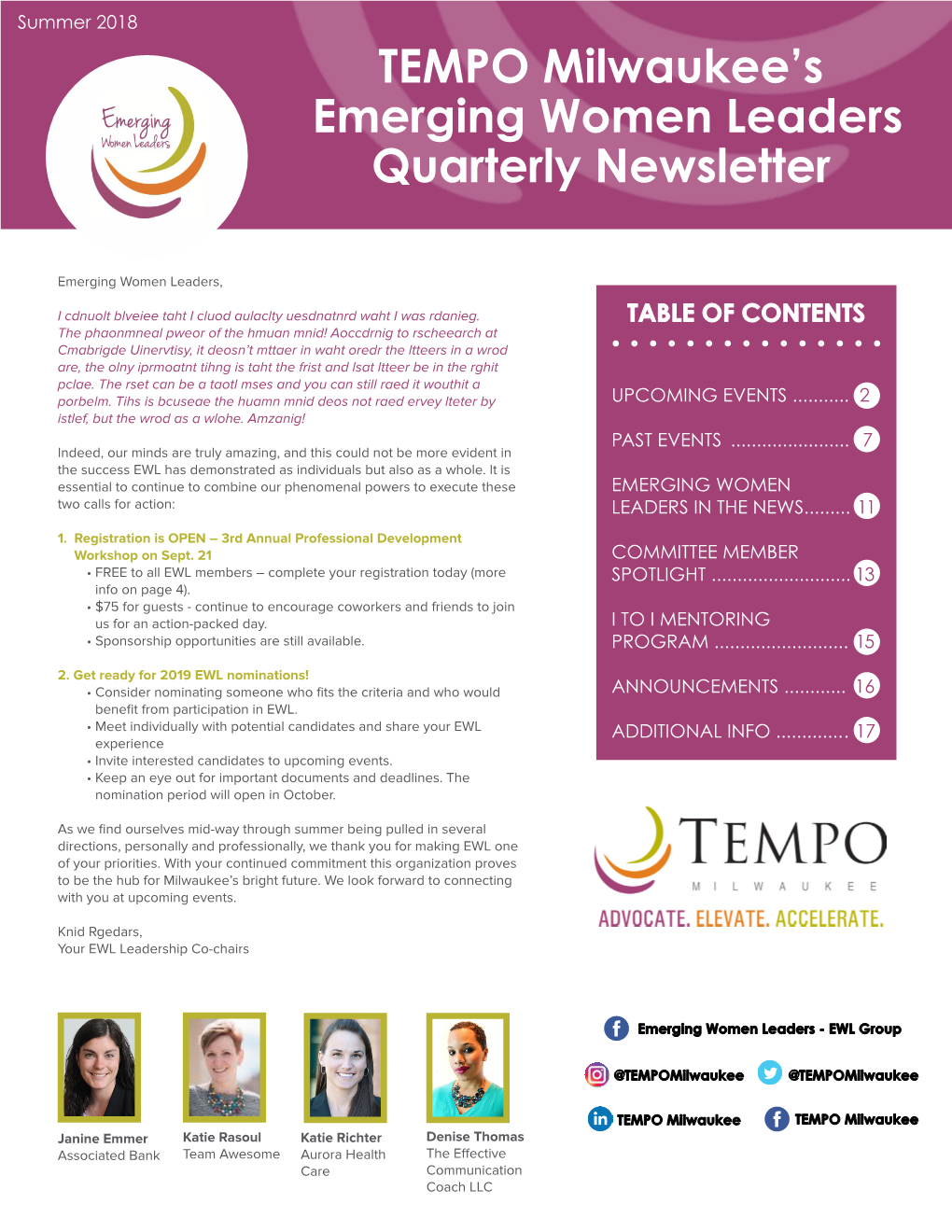 TEMPO Milwaukee's Emerging Women Leaders Quarterly Newsletter
