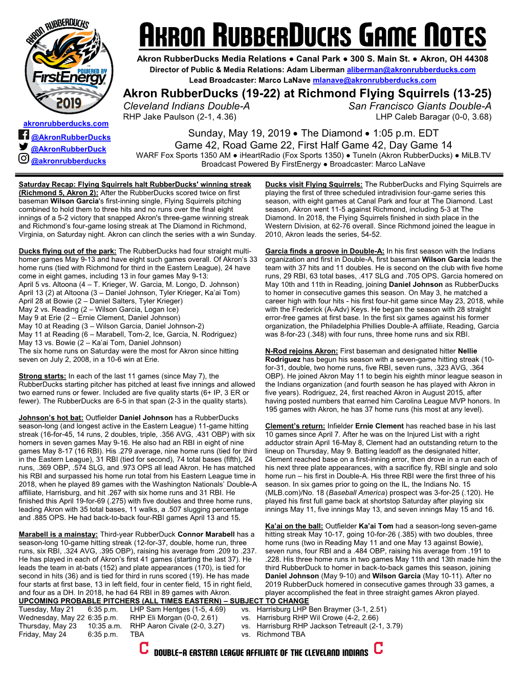 AKRON RUBBERDUCKS GAME NOTES Akron Rubberducks Media Relations ● Canal Park ● 300 S