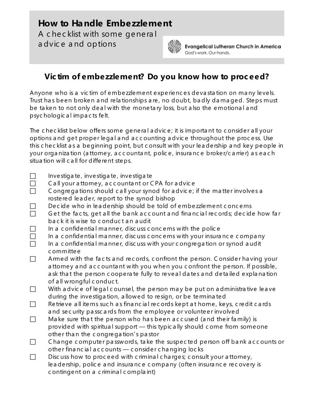 How to Handle Embezzlement a Checklist with Some General Advice and Options