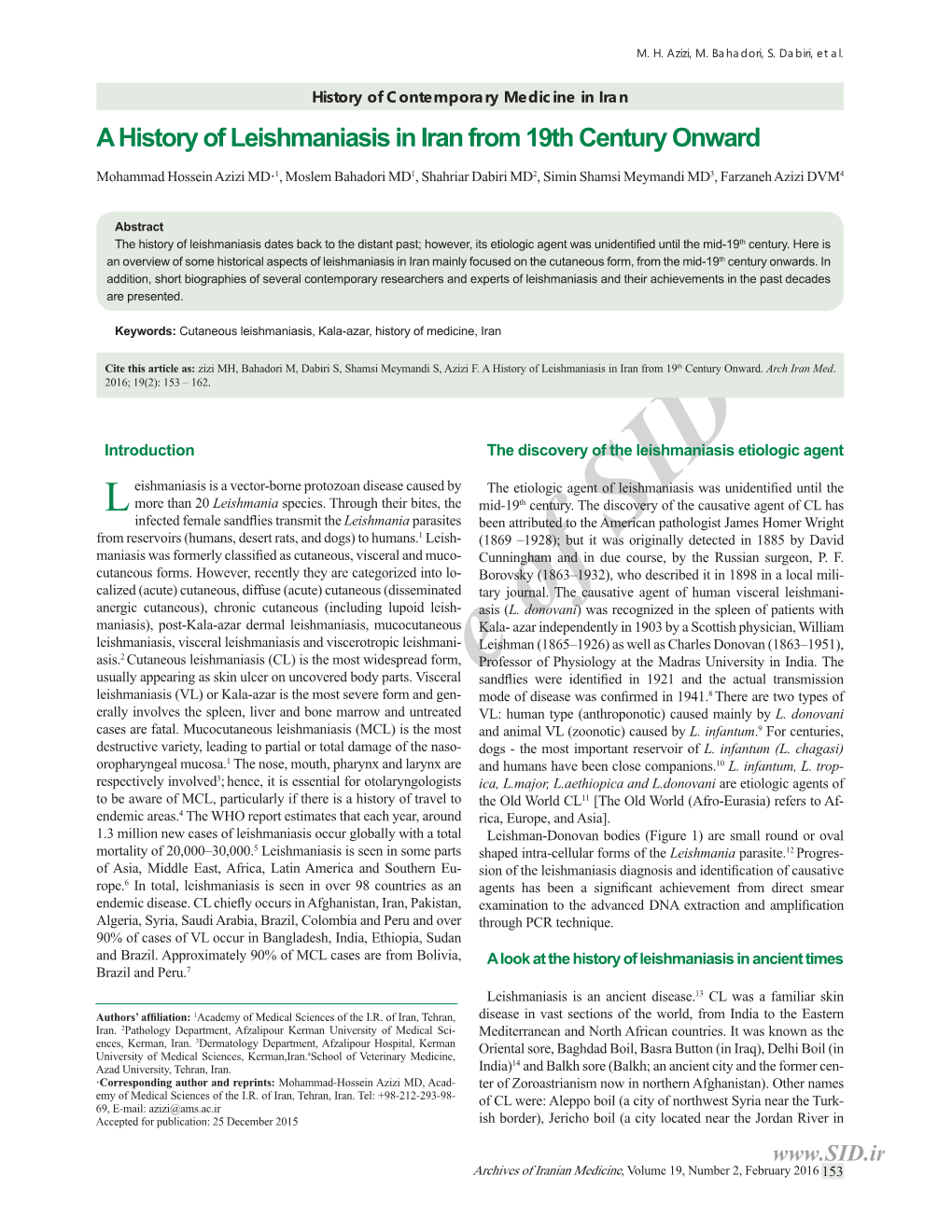 A History of Leishmaniasis in Iran from 19Th Century Onward