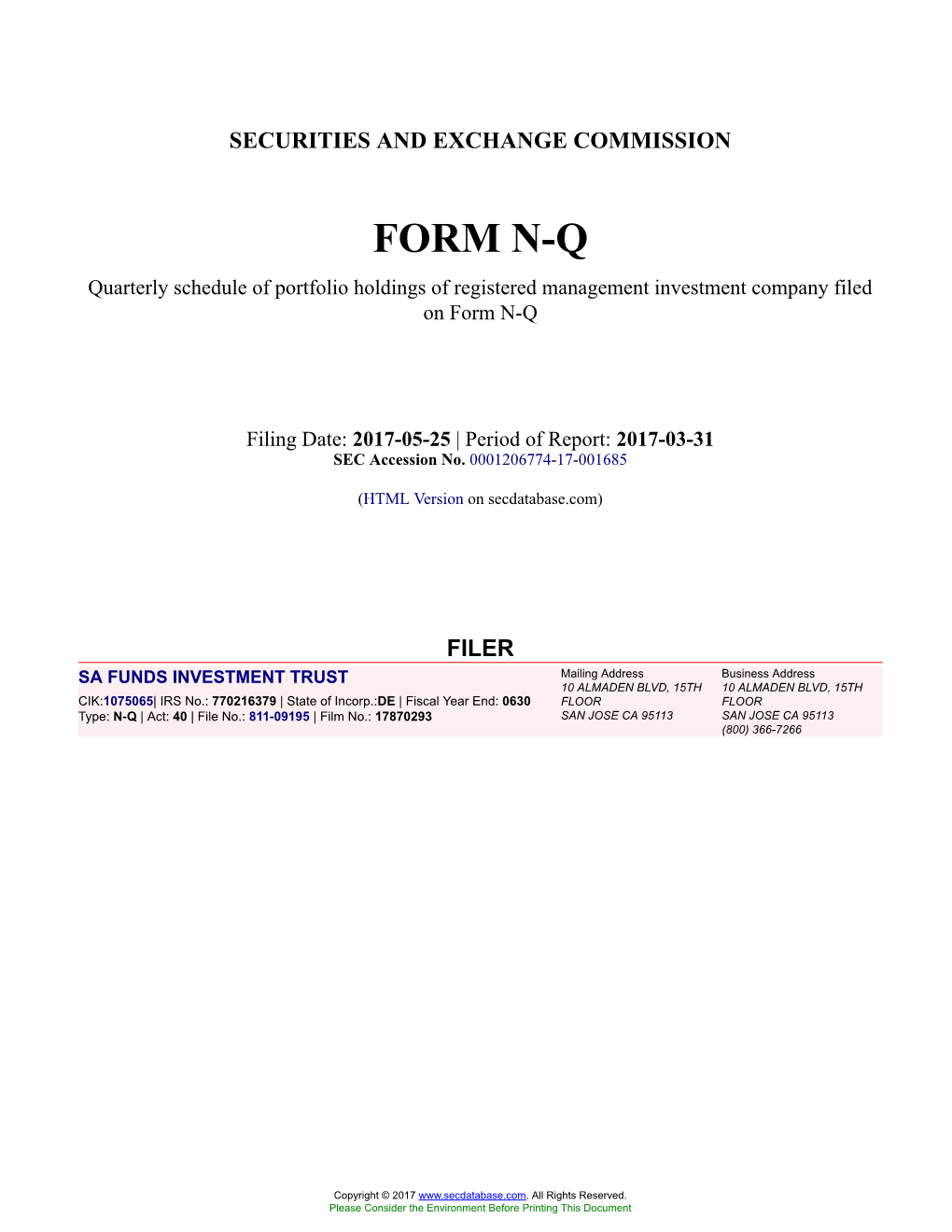 SA FUNDS INVESTMENT TRUST Form N-Q Filed 2017-05-25