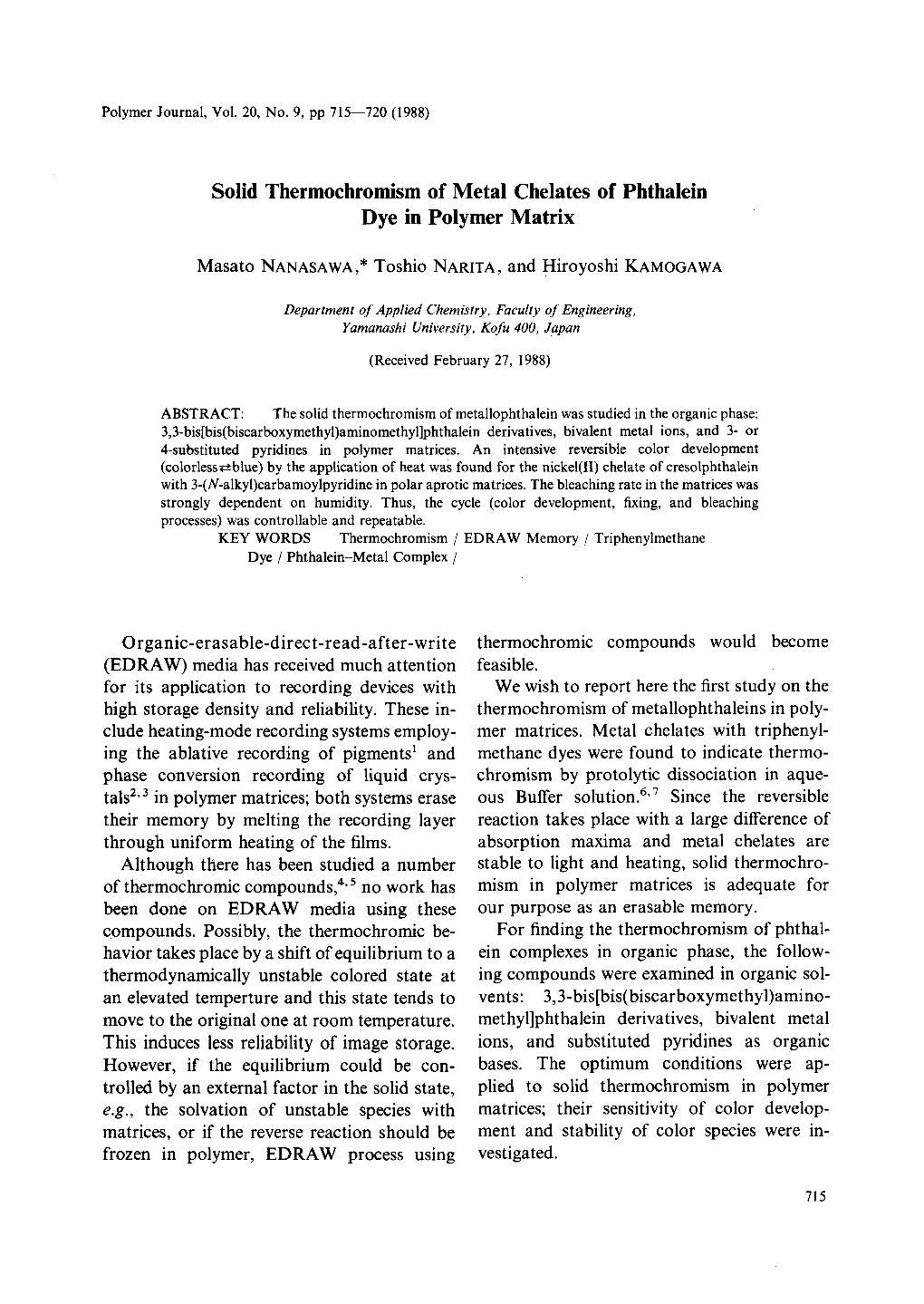 Solid Thermochromism of Metal Chelates of Phthalein Dye in Polymer Matrix