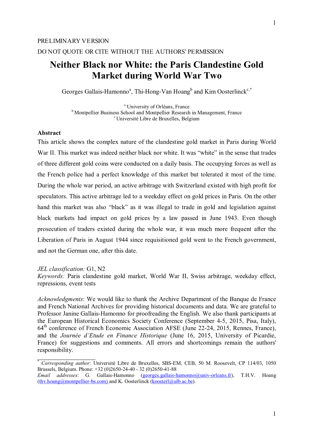 The Paris Clandestine Gold Market During World War Two