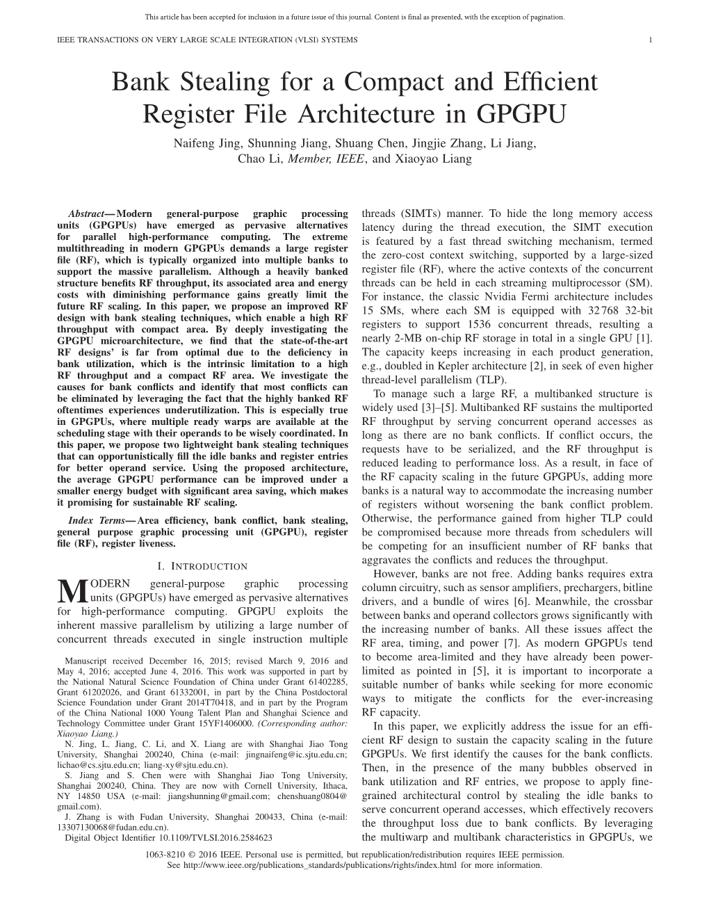Bank Stealing for a Compact and Efficient Register File Architecture in Gpgpu 3