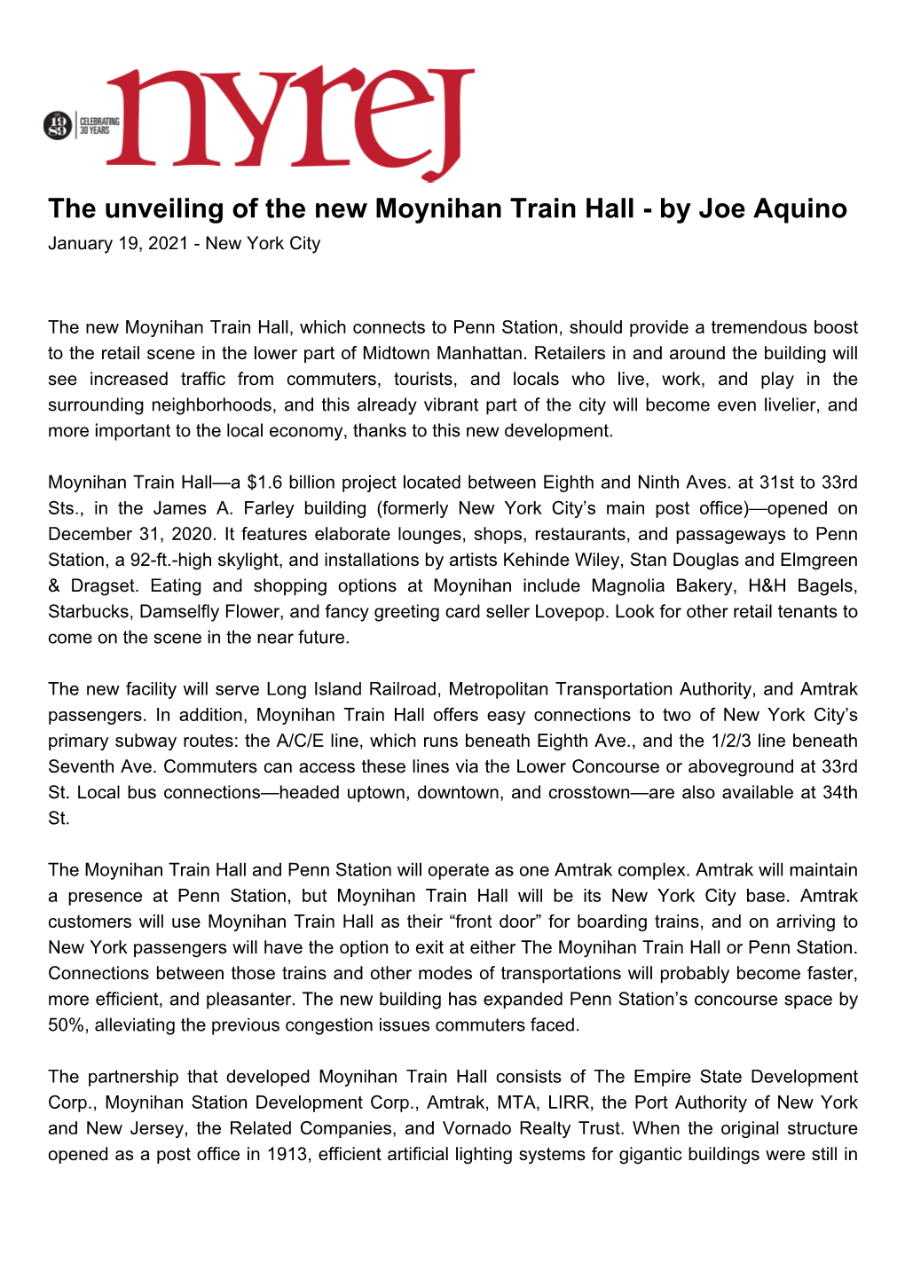 The Unveiling of the New Moynihan Train Hall - by Joe Aquino January 19, 2021 - New York City