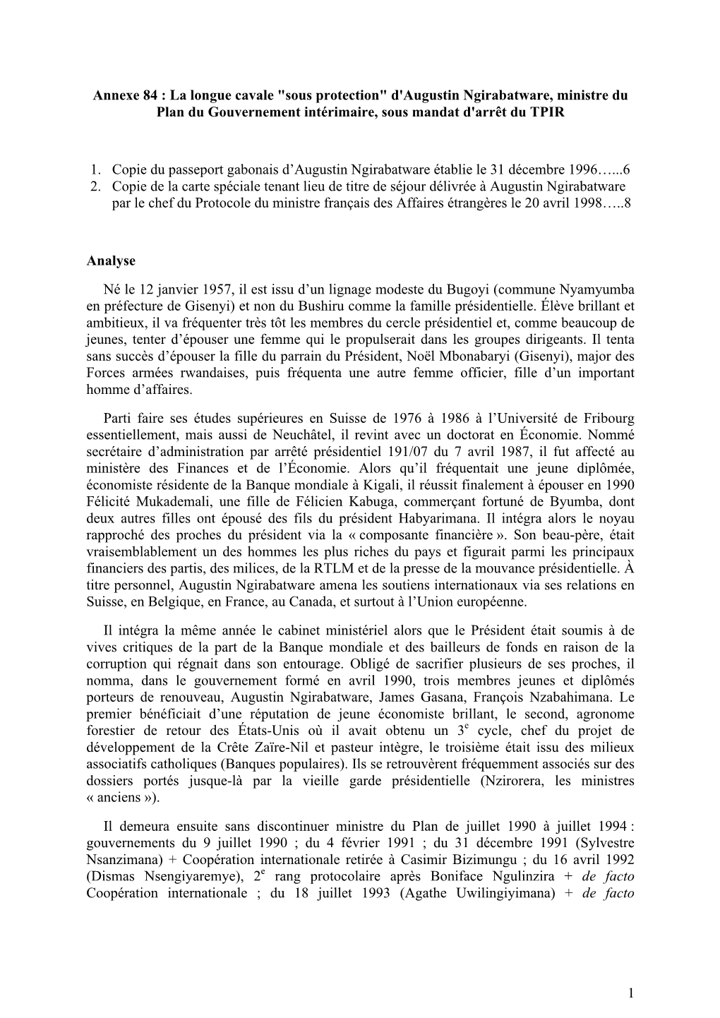 1 Annexe 84 : La Longue Cavale "Sous Protection" D'augustin Ngirabatware, Ministre Du Plan Du Gouvernement Intérima