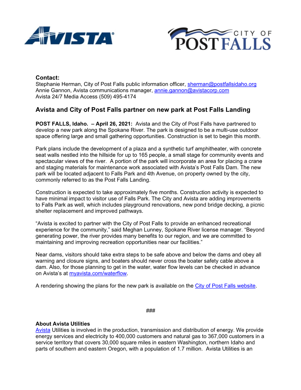 Avista and City of Post Falls Partner on New Park at Post Falls Landing