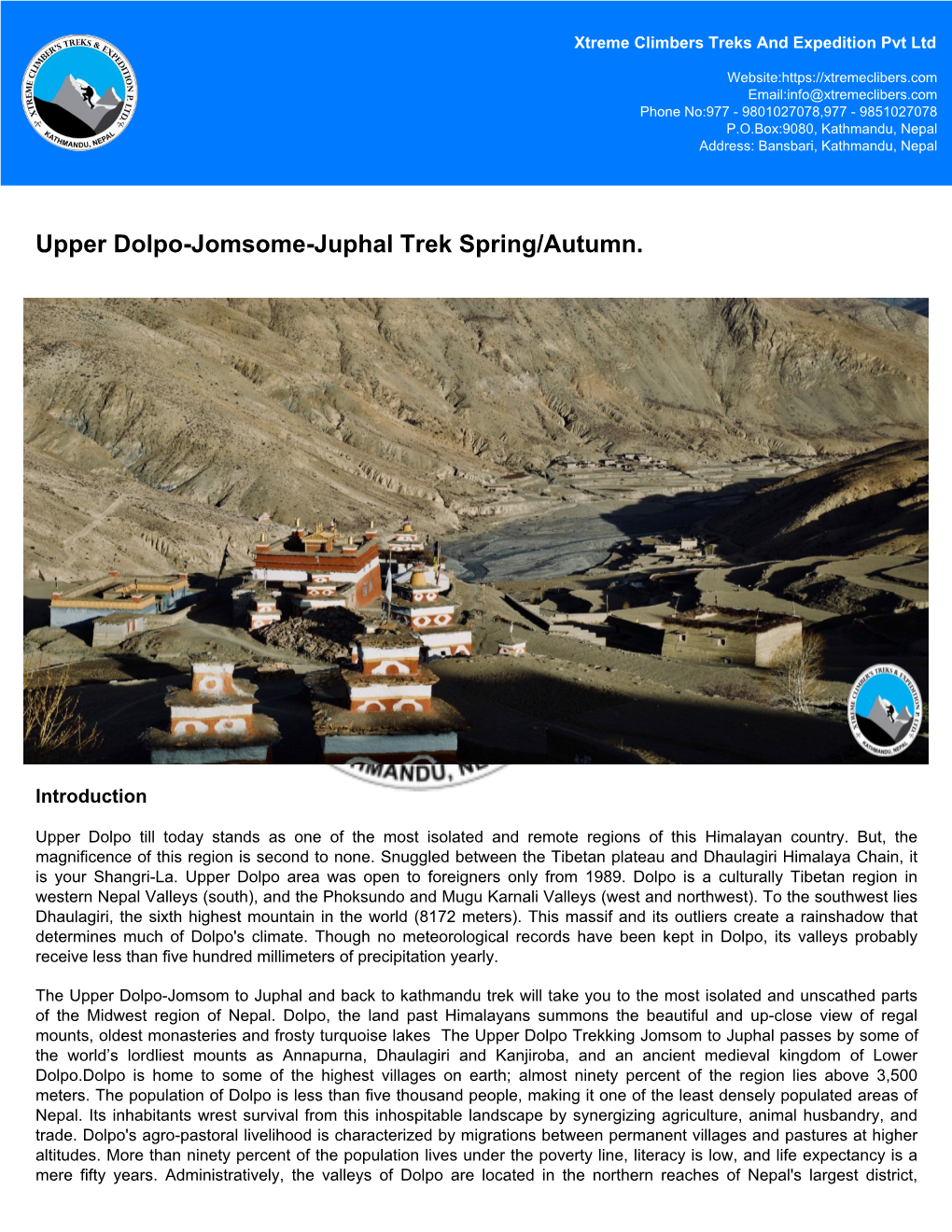 Upper Dolpo-Jomsome-Juphal Trek Spring/Autumn