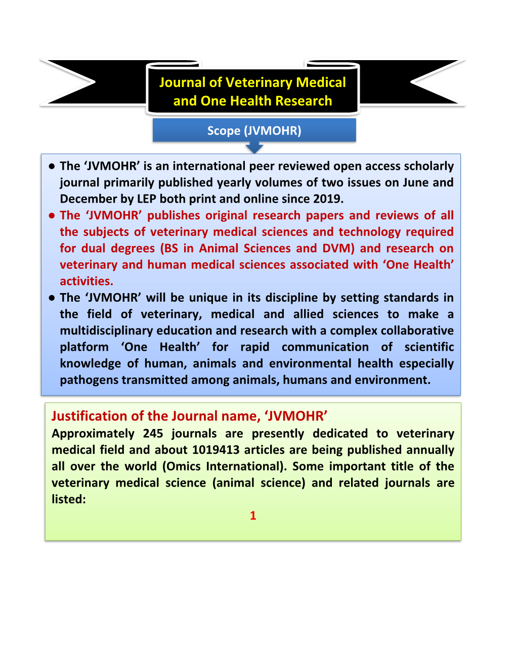 Journal of Veterinary Medical and One Health Research Justification Of