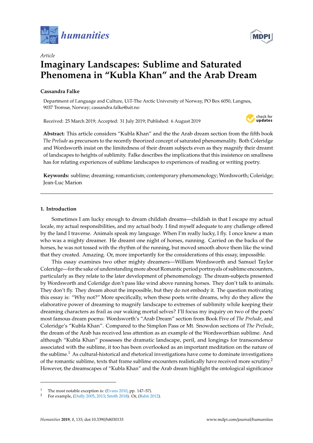 Sublime and Saturated Phenomena in “Kubla Khan” and the Arab Dream