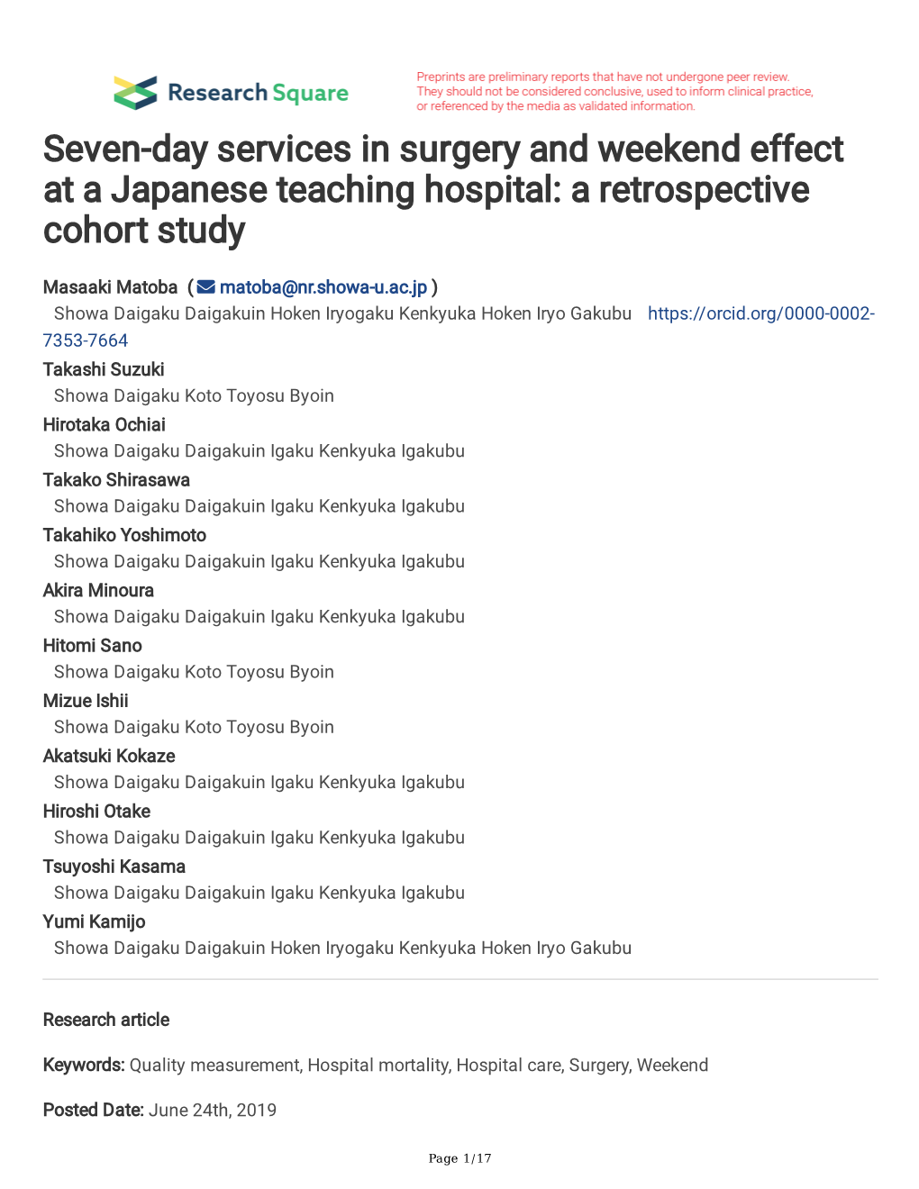 Seven-Day Services in Surgery and Weekend Effect at a Japanese Teaching Hospital: a Retrospective Cohort Study
