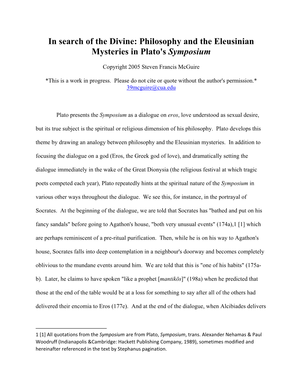 Philosophy and the Eleusinian Mysteries in Plato's Symposium