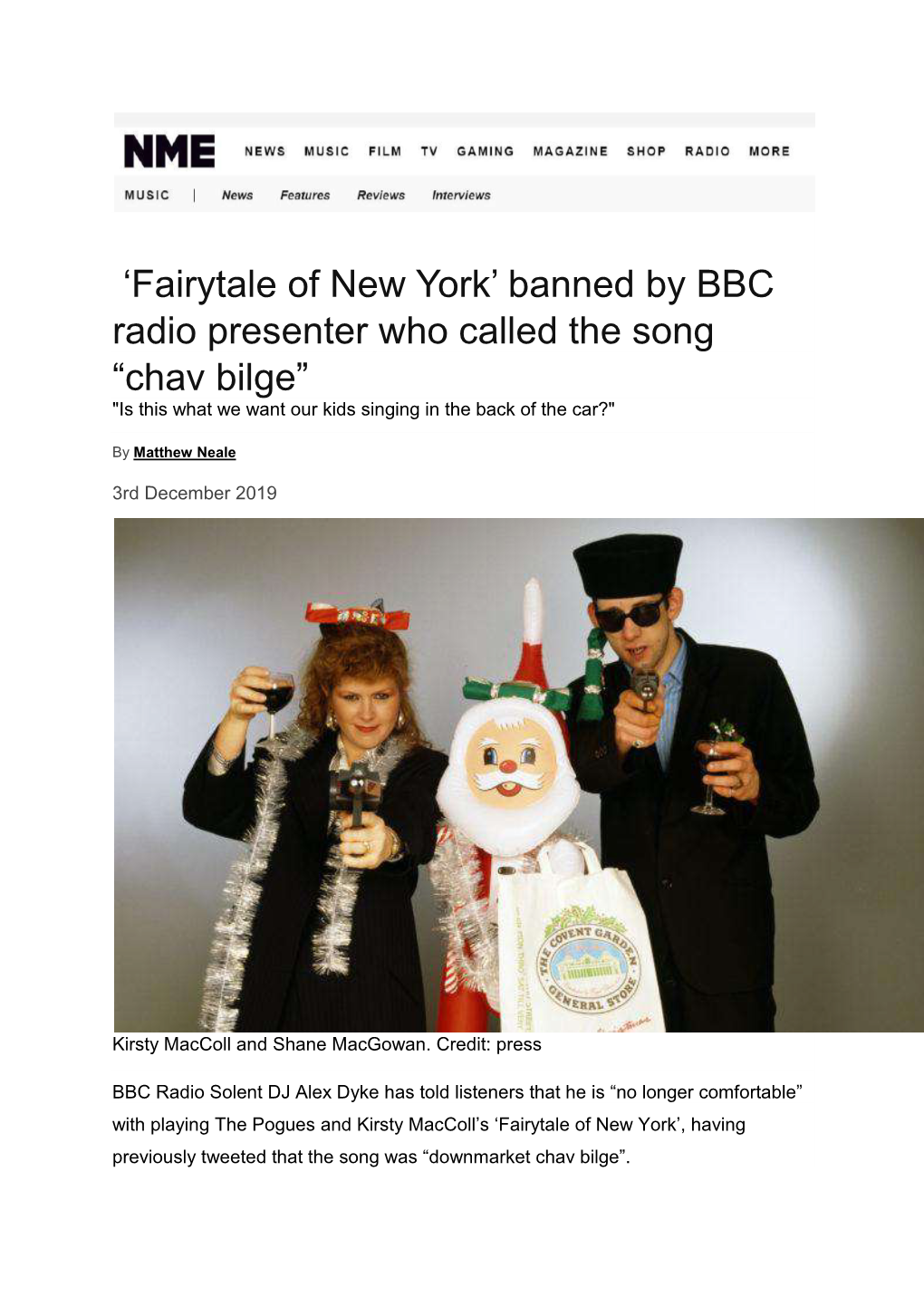 'Fairytale of New York' Banned by BBC Radio Presenter Who Called the Song