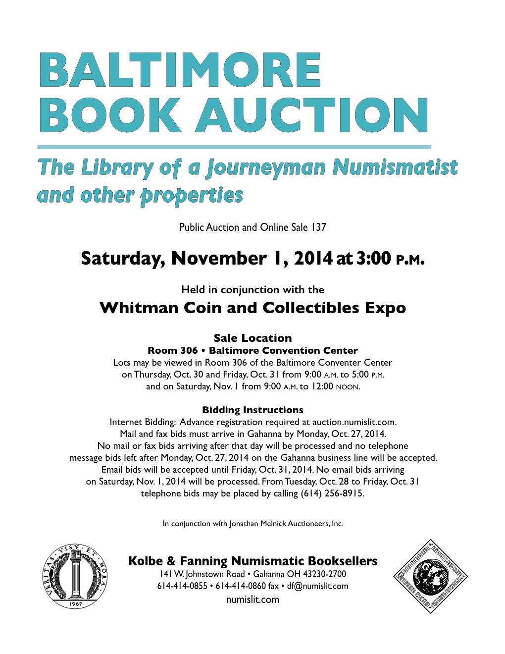 BALTIMORE BOOK AUCTION the Library of a Journeyman Numismatist and Other Properties