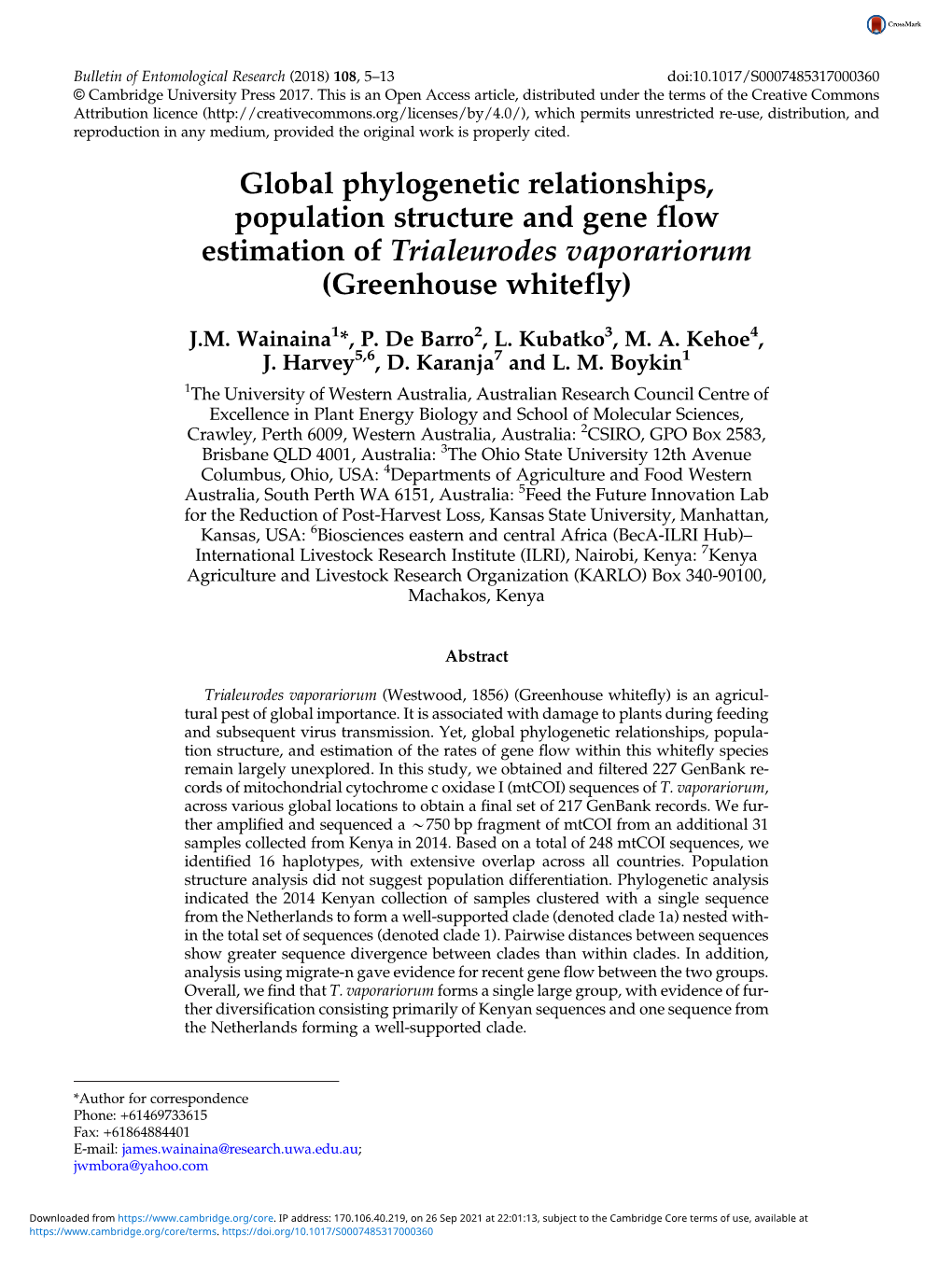 Global Phylogenetic Relationships, Population Structure and Gene Flow Estimation of Trialeurodes Vaporariorum (Greenhouse Whitefly)