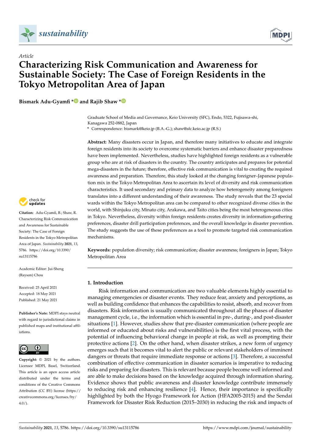 The Case of Foreign Residents in the Tokyo Metropolitan Area of Japan