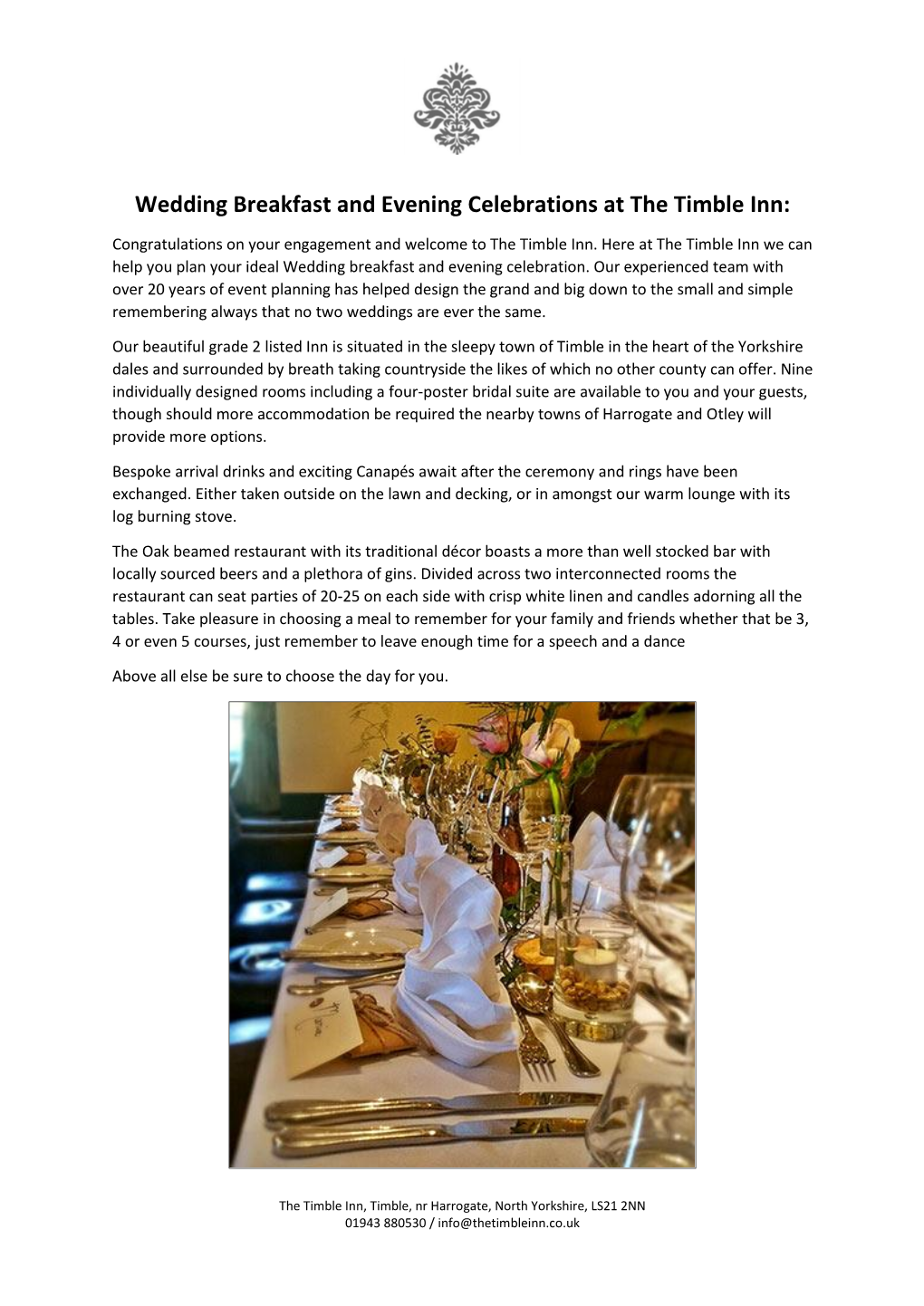 Wedding Breakfast and Evening Celebrations at the Timble Inn