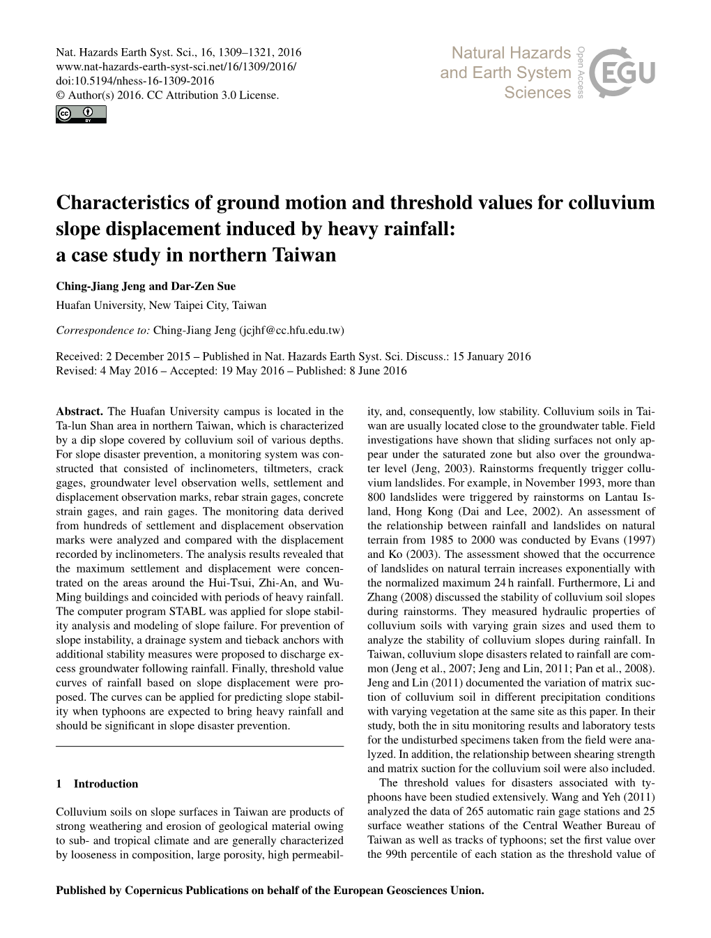 Characteristics of Ground Motion and Threshold Values for Colluvium Slope Displacement Induced by Heavy Rainfall: a Case Study in Northern Taiwan