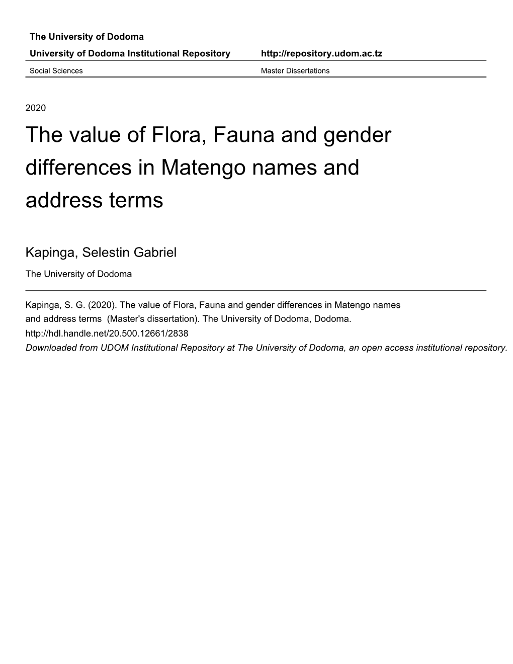 The Value of Flora, Fauna and Gender Differences in Matengo Names and Address Terms