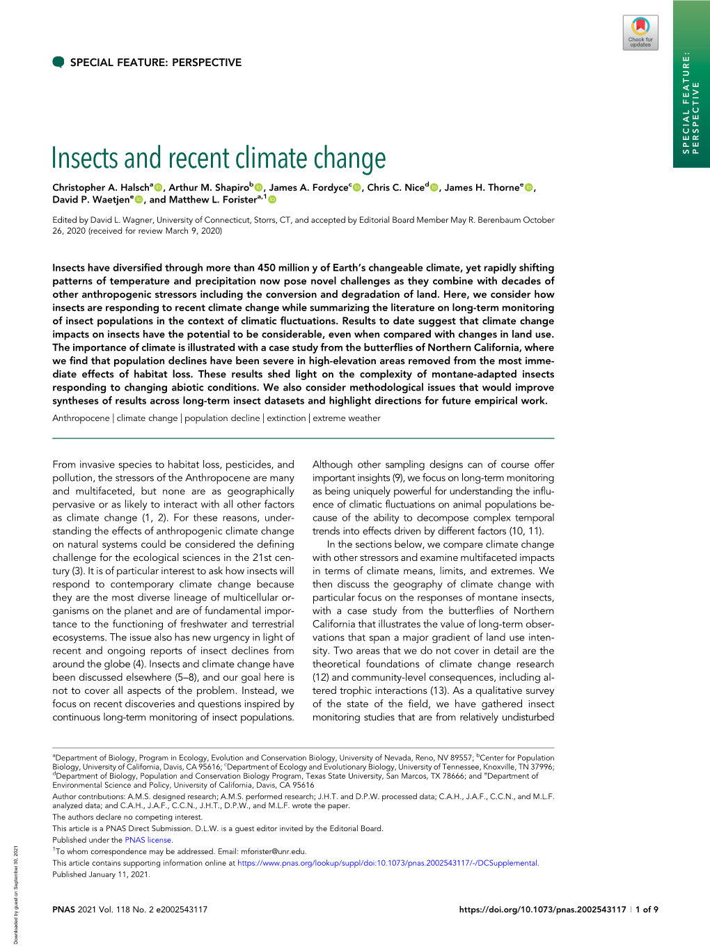 Insects and Recent Climate Change SPECIAL FEATURE: PERSPECTIVE Christopher A