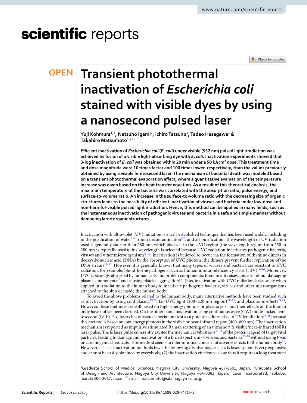 Transient Photothermal Inactivation of Escherichia Coli Stained with Visible