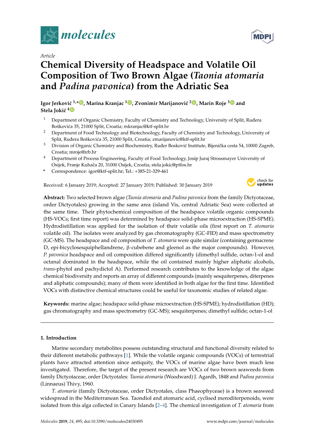 Chemical Diversity of Headspace and Volatile Oil Composition of Two Brown Algae (Taonia Atomaria and Padina Pavonica) from the Adriatic Sea