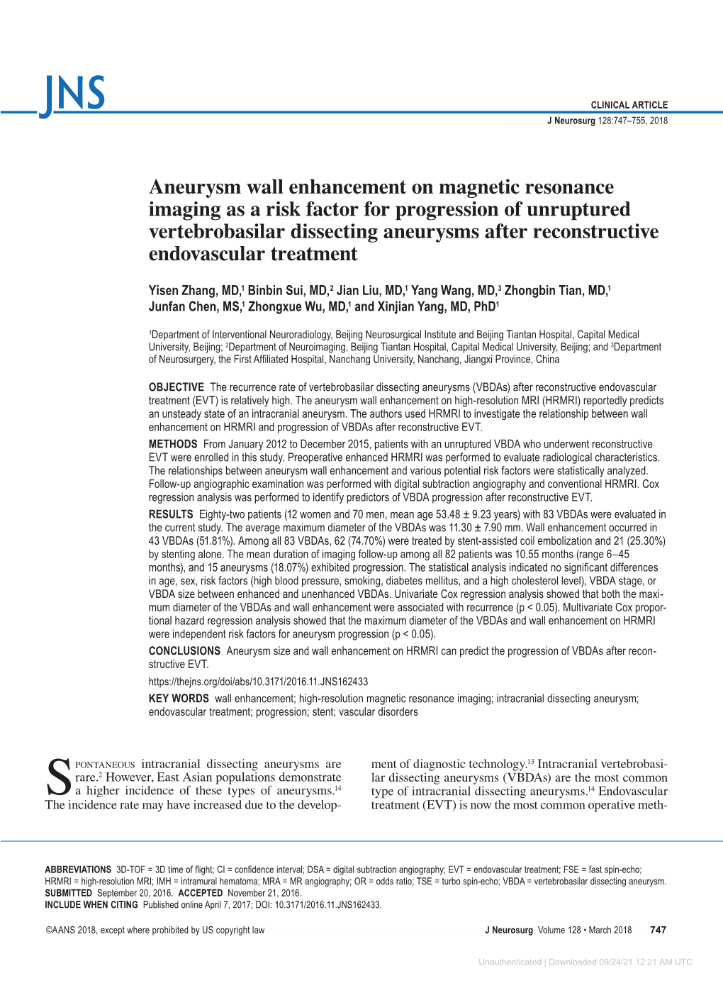 Aneurysm Wall Enhancement on Magnetic Resonance Imaging As A