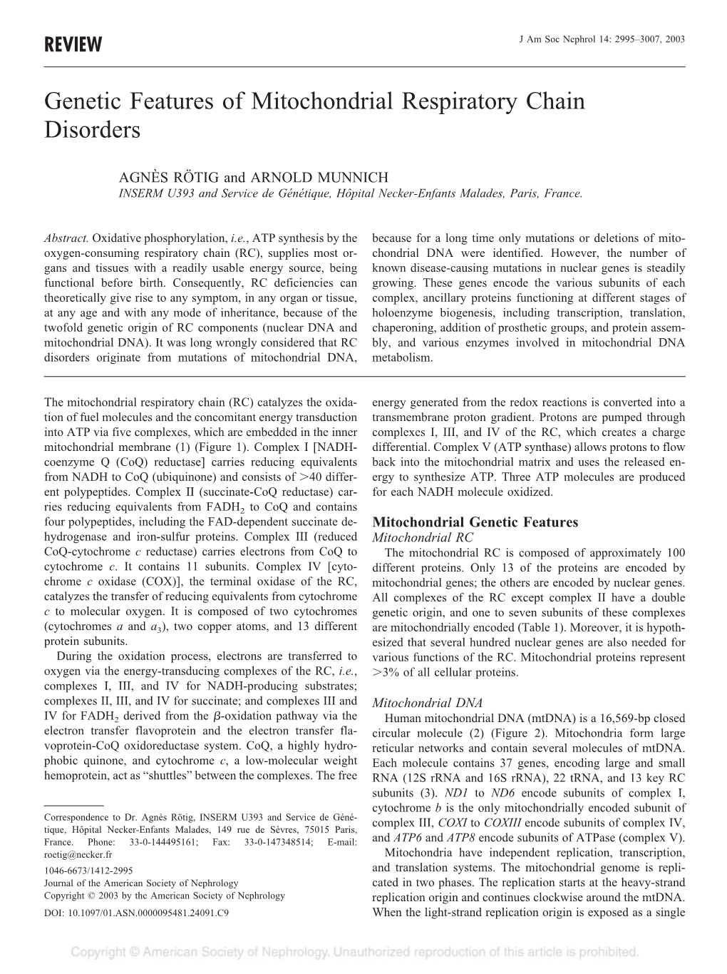 Genetic Features of Mitochondrial Respiratory Chain Disorders